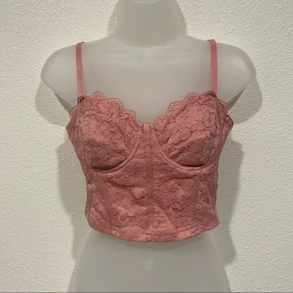 NWOT pink lace mesh runched bustier corset cropped cami tank top